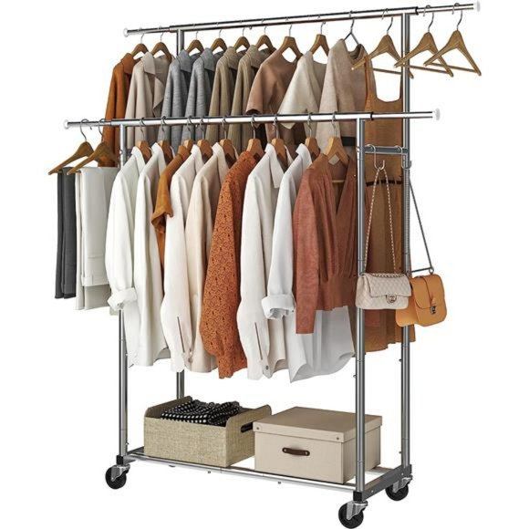Double Rod Clothing Garment Rack, Rolling Clothes with 4 hooks, Chrome